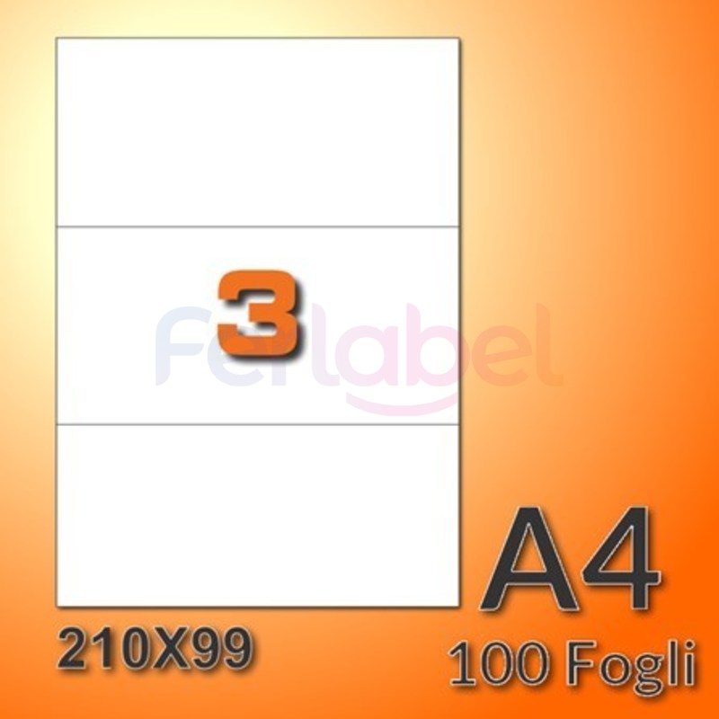 etichette adesive in fogli a4 210x99 mm senza margini, carta bianca, 3 etichette per foglio, adesivo permanente, confezione da 500 fogli