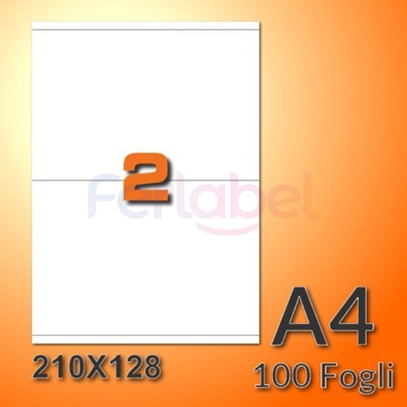 etichette adesive in fogli a4 210x128 mm con margini, carta bianca, 2 etichette per foglio, adesivo permanente, confezione da 500 fogli