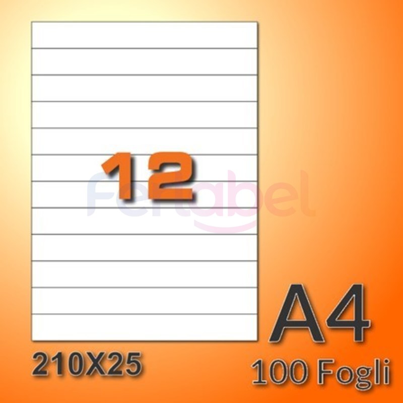 etichette adesive in fogli a4 210x25 mm senza margini, carta bianca, 12 etichette per foglio, adesivo permanente, confezione da 500 fogli