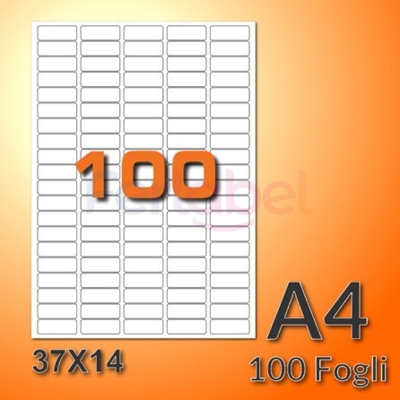 etichette adesive in fogli a4 37x14 mm ang. arrotondati, carta bianca, 100 etichette per foglio, adesivo permanente, confezione da 500 fogli