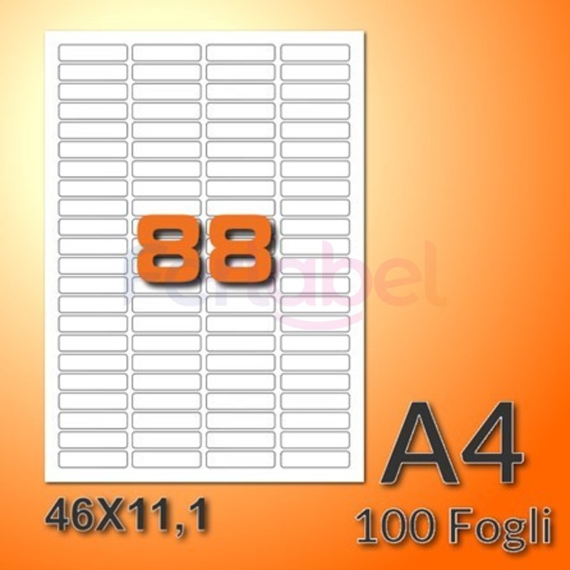 etichette adesive in fogli a4 46x11,1 mm senza margini, carta bianca, 84 etichette per foglio, adesivo permanente, confezione da 500 fogli