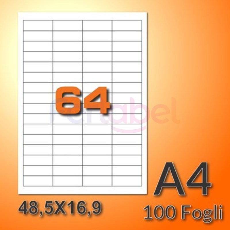 etichette adesive in fogli a4 48,5x16,9 mm con margini, carta bianca, 64 etichette per foglio, adesivo permanente, confezione da 500 fogli