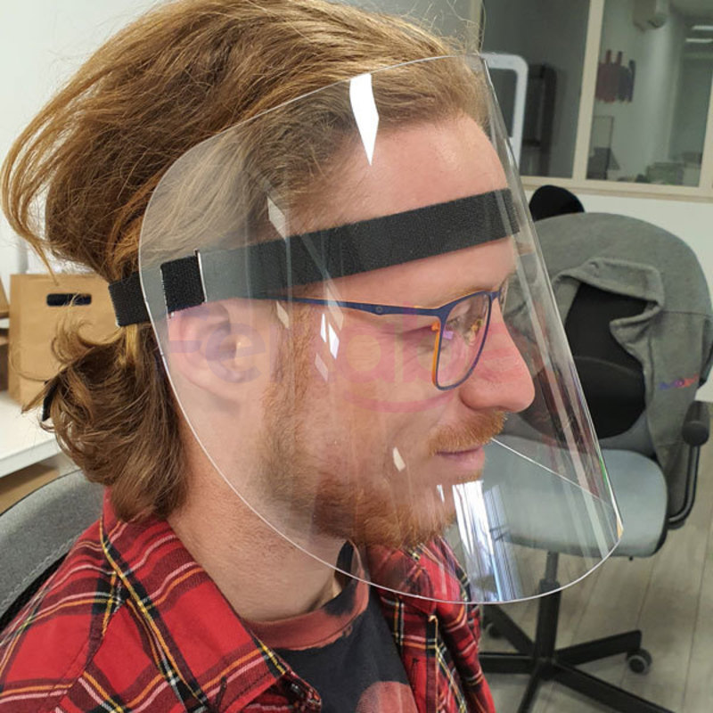 visiera protettiva trasparente completa di fascia con chiusura a cinghia