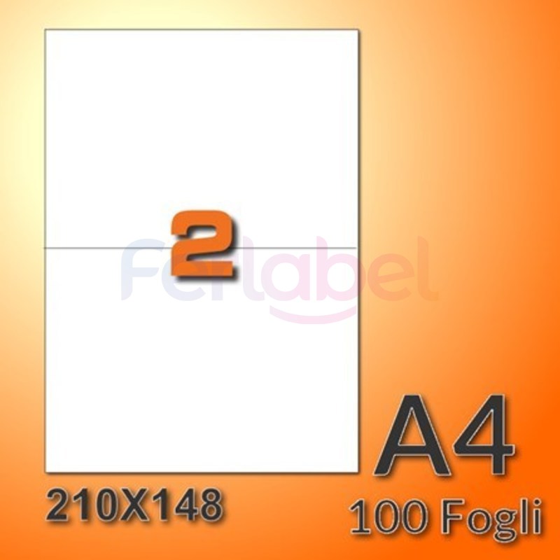 etichette adesive in fogli a4 210x148 mm senza margini, carta bianca, 2 etichette per foglio, adesivo permanente, confezione da 100 fogli