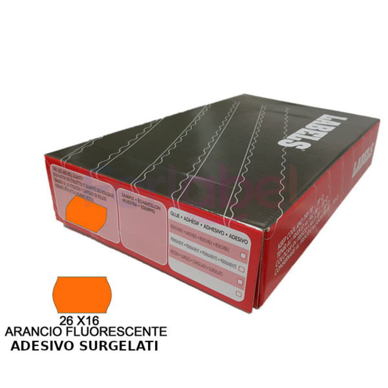 rotolo etichette per prezzatrice 26x16 onda fluo arancio  adesivo forte per surgelati (1000et/rt) conf 36