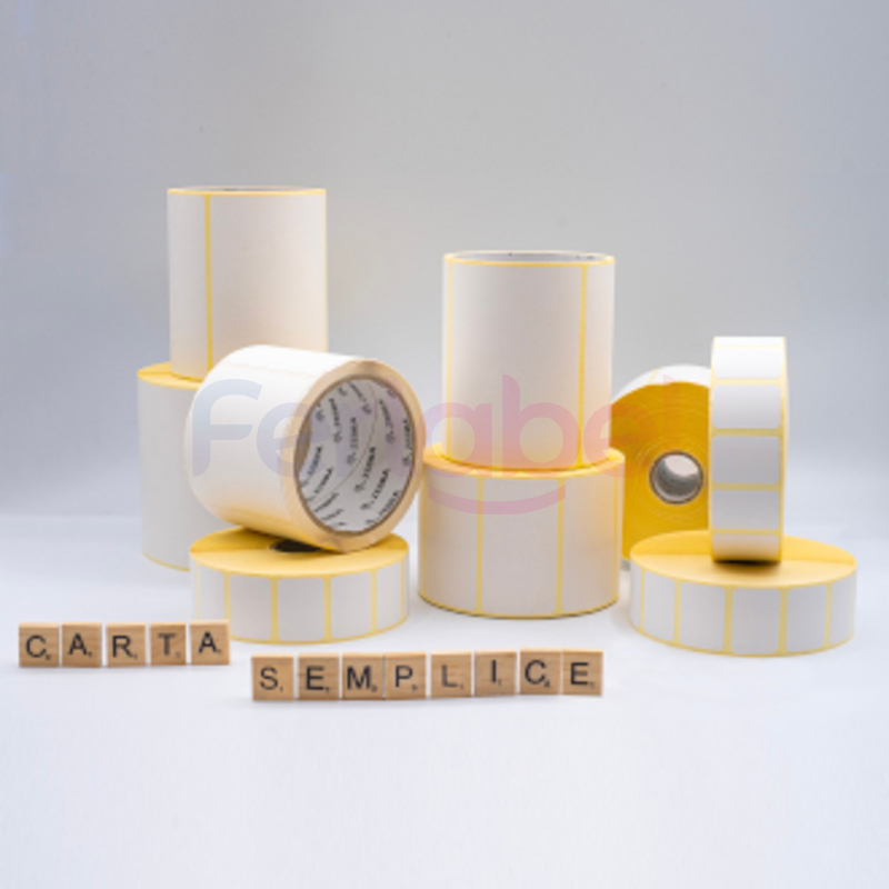 etichette in rotolo 100x100 mm, carta bianca semplice vellum, 450 etichette per rotolo, adesivo permanente, rotolo singolo - necessario ribbon in cera