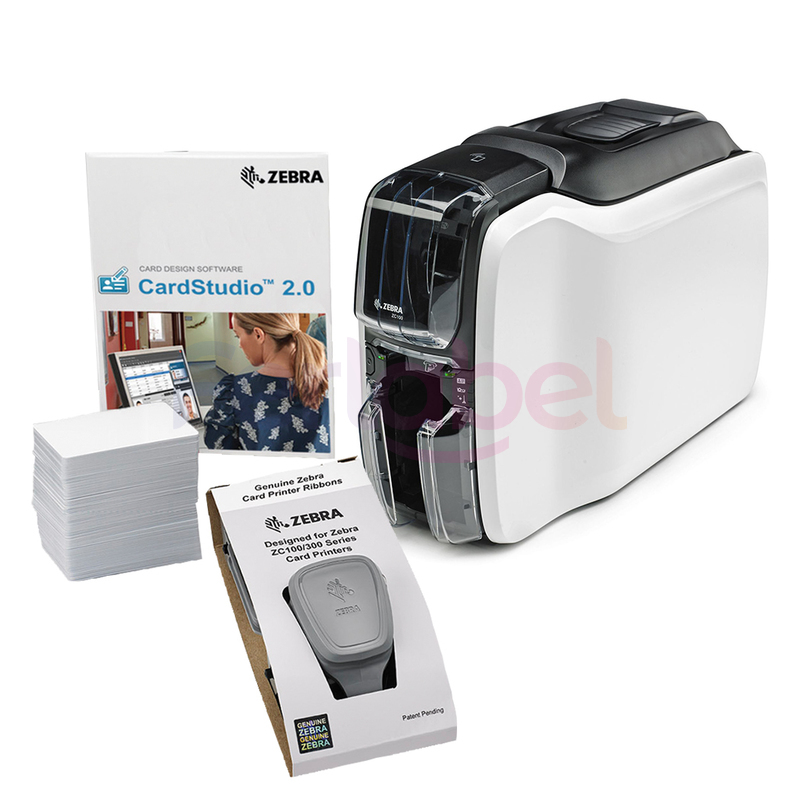 kit stampante card zebra zc100 single  side, trasferimento termico, 300dpi, usb, bundle cardstudio, 200 card e ribbon
