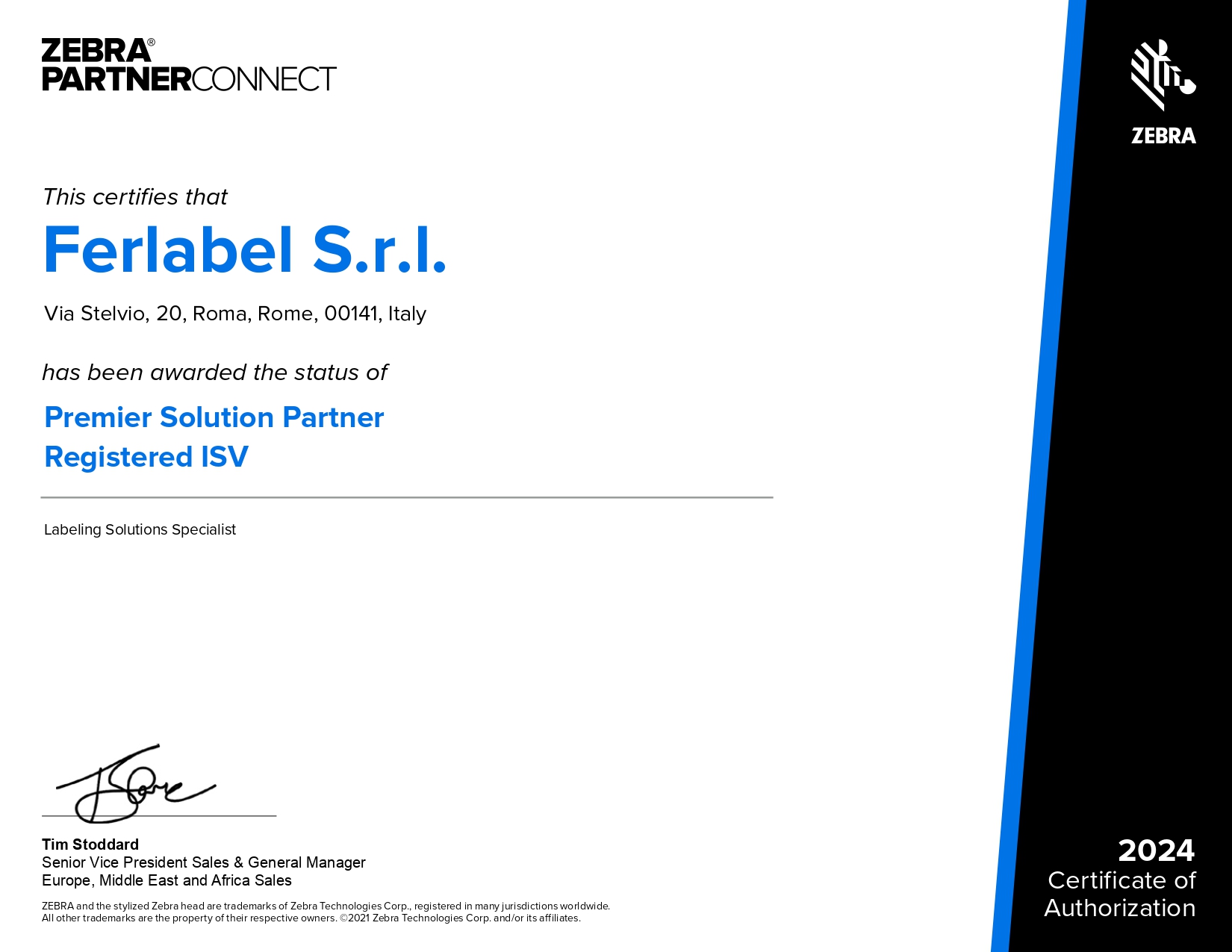 Certificato di Autorizzazione Ferlable S.r.l