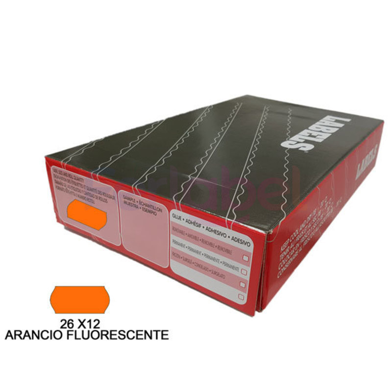 rotolo etichette per prezzatrice 26x12 fluorescente arancio adesivo permanente (1500et/rt) conf. 36 pz