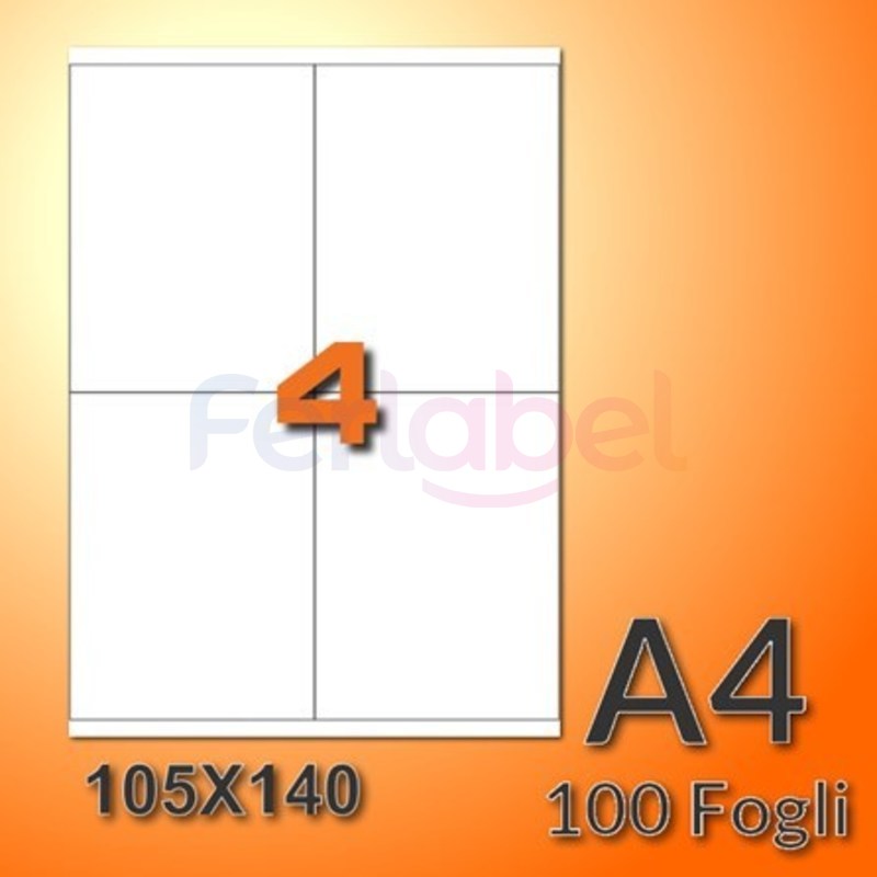 etichette adesive in fogli a4 105x140 mm con margini, carta bianca, 4 etichette per foglio, adesivo permanente, confezione da 500 fogli