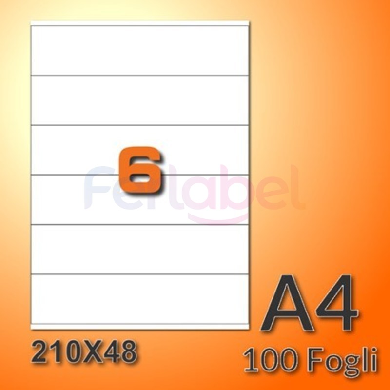 etichette adesive in fogli a4 210x48 mm con margini, carta bianca, 6 etichette per foglio, adesivo permanente, confezione da 500 fogli