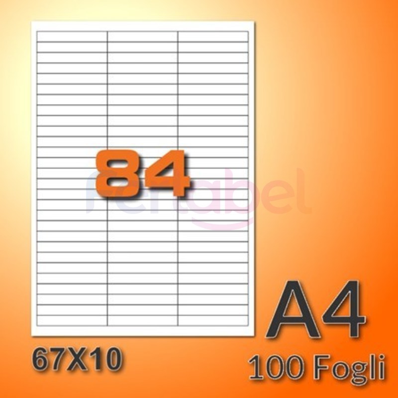 etichette adesive in fogli a4 67x10 mm con margini, carta bianca, 84 etichette per foglio, adesivo permanente, confezione da 500 fogli