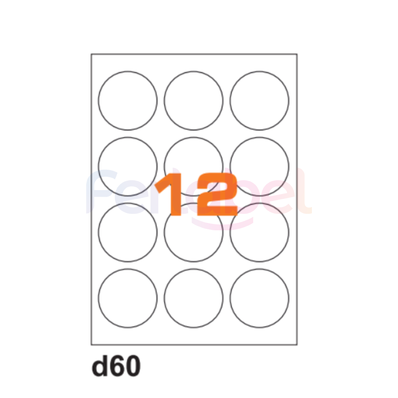 etichette adesive in fogli a4 diametro 60 mm con margini, carta bianca, 12 etichette per foglio, adesivo permanente, confezione da 500 fogli