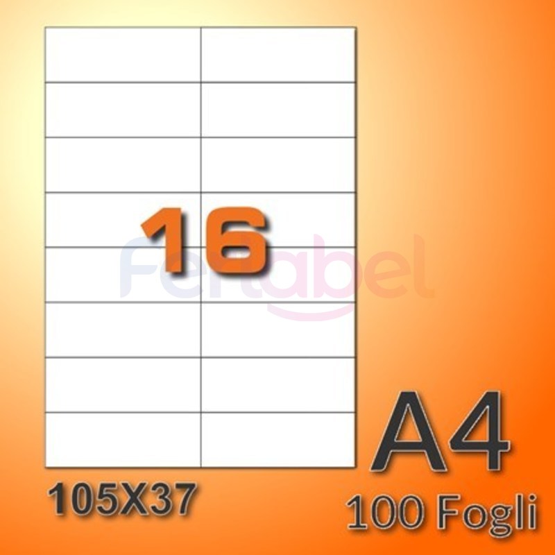 etichette adesive in fogli a4 105x37 mm senza margini, carta fluo arancio, 16 etichette per foglio, adesivo permanente, confezione da 500 fogli
