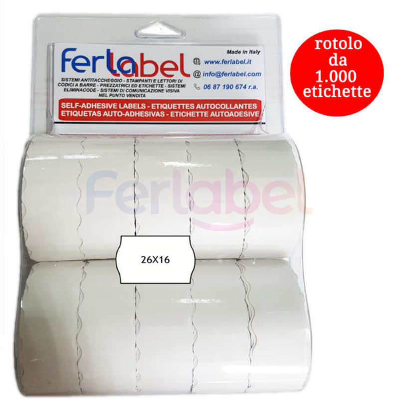 blister rotolo etichette per prezzatrice 26x16 onda bianco adesivo permanente (10 rotoli)