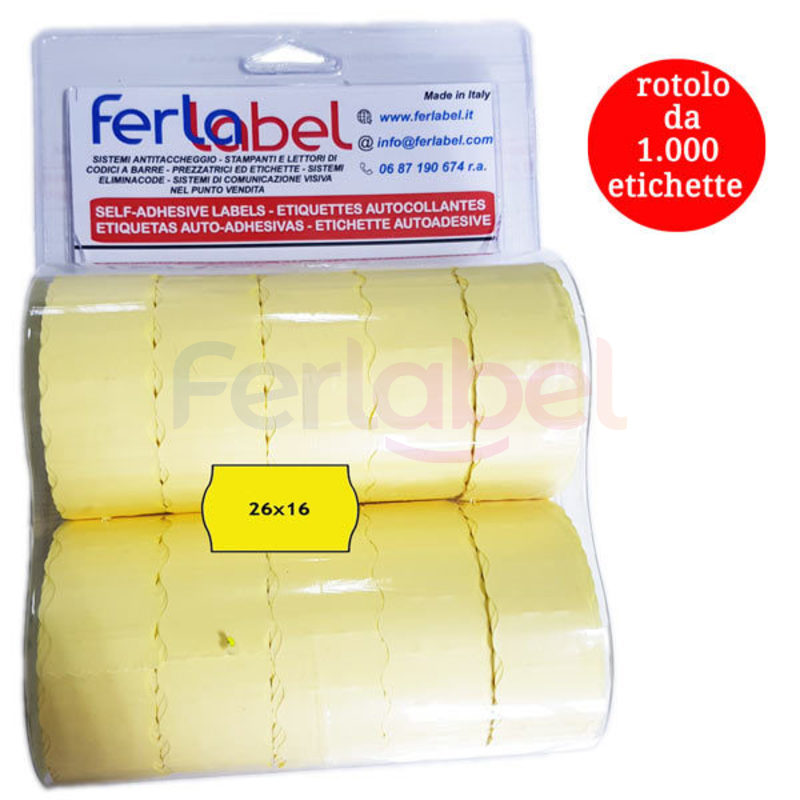 blister rotolo etichette per prezzatrice 26x16 onda fluorescente giallo adesivo permanente (10 rotoli)