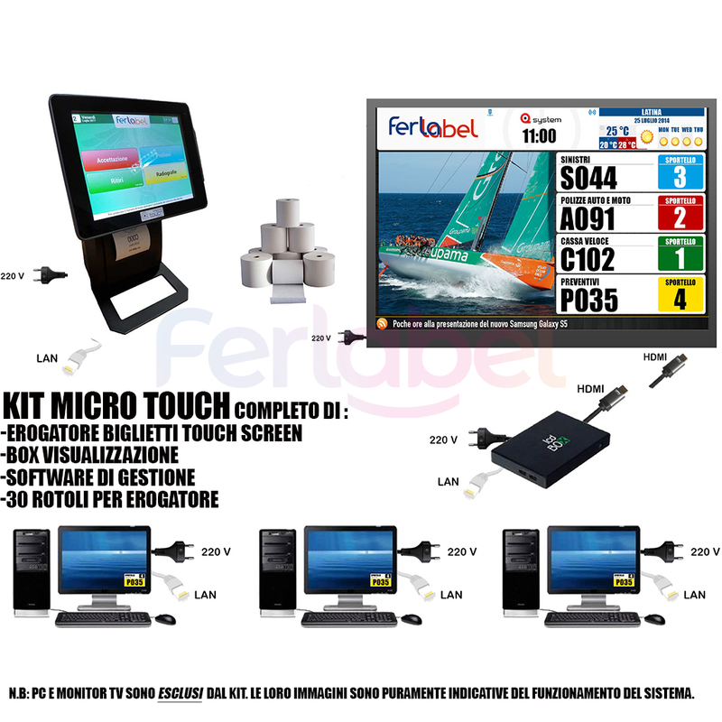 kit eliminacode multimediale microtouch con erogatore + software + tastiere virtuali + 30 rotoli