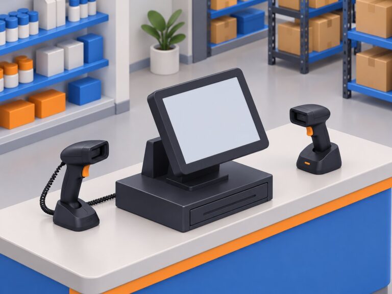 Illustrazione isometrica di un banco cassa con un lettore di codici a barre con filo nel suo stand e un lettore senza filo sulla base di ricarica