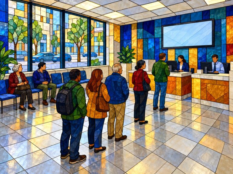 Illustrazione in stile vetrata di un moderno ufficio al pubblico con persone in fila davanti a due sportelli, altre sedute in attesa e un display di chiamata sopra il banco