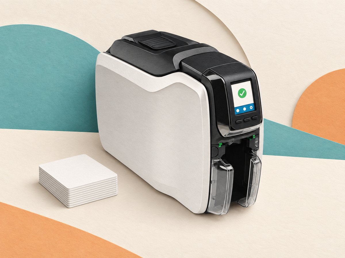 Illustrazione in carta ritagliata di una stampante di tessere Zebra ZC300 con una pila di card bianche vergini