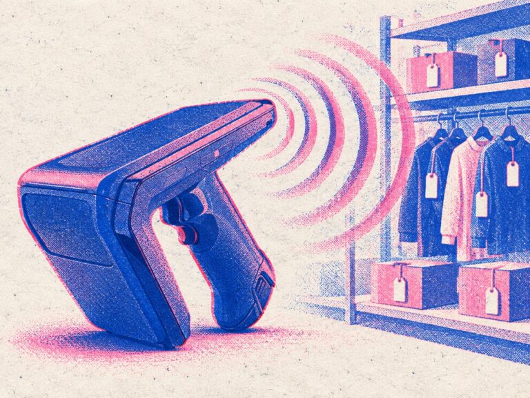 Illustrazione risograph di un lettore RFID palmare Zebra RFD40 che emette onde verso scatole e capi etichettati su uno scaffale