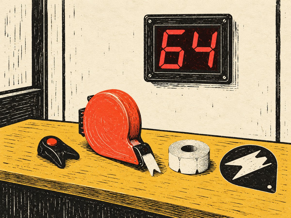Illustrazione in stile linoleografia di un display eliminacode a parete sopra un bancone con radiocomando, distributore a chiocciola e rotolo di biglietti