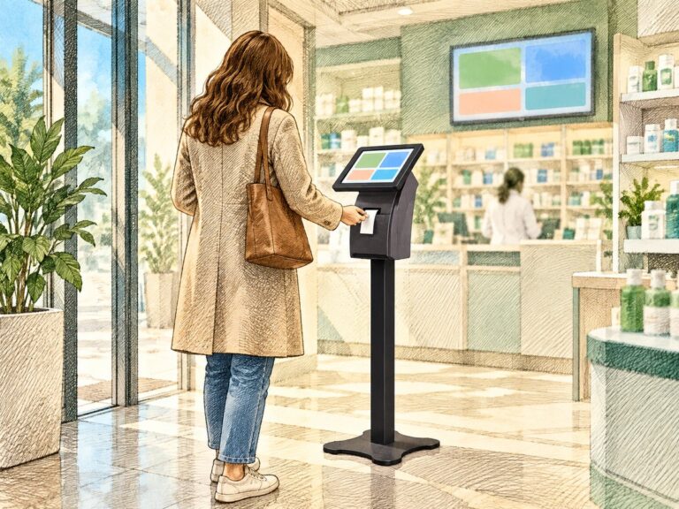 Illustrazione ad acquaforte di un erogatore eliminacode Visel MicroTouch Solo in una farmacia, con una cliente che prende il biglietto