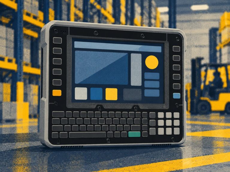 Illustrazione di un terminale veicolare Honeywell Thor VM1A con un magazzino e un carrello elevatore sullo sfondo