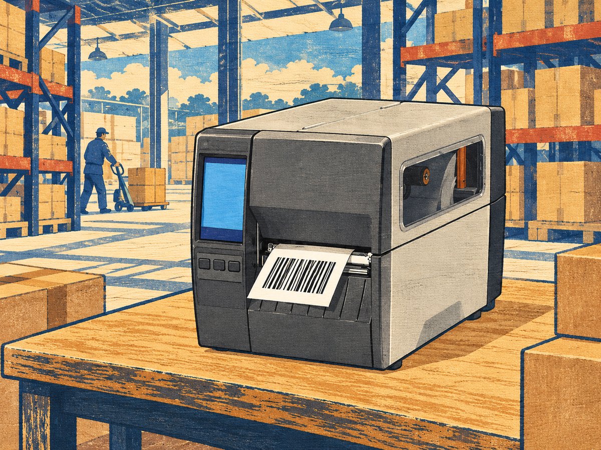 Illustrazione in stile xilografia giapponese di una stampante industriale Zebra ZT231 su un banco di magazzino, con un'etichetta con codice a barre in uscita