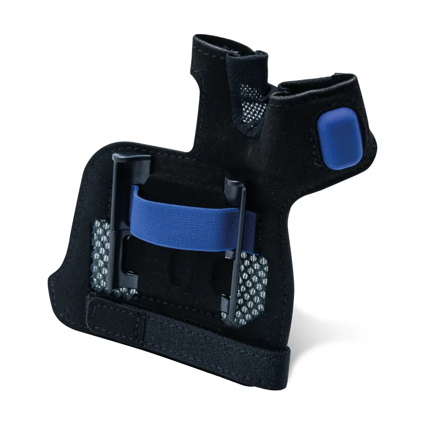 Cinghia da mano Newland con pulsante di scansione integrato per scanner WD2, mano sinistra, taglia S/M, confezione da 4 (ITS-LH-SM-04) - vista tre quarti, lato esterno (aggancio del WD2)