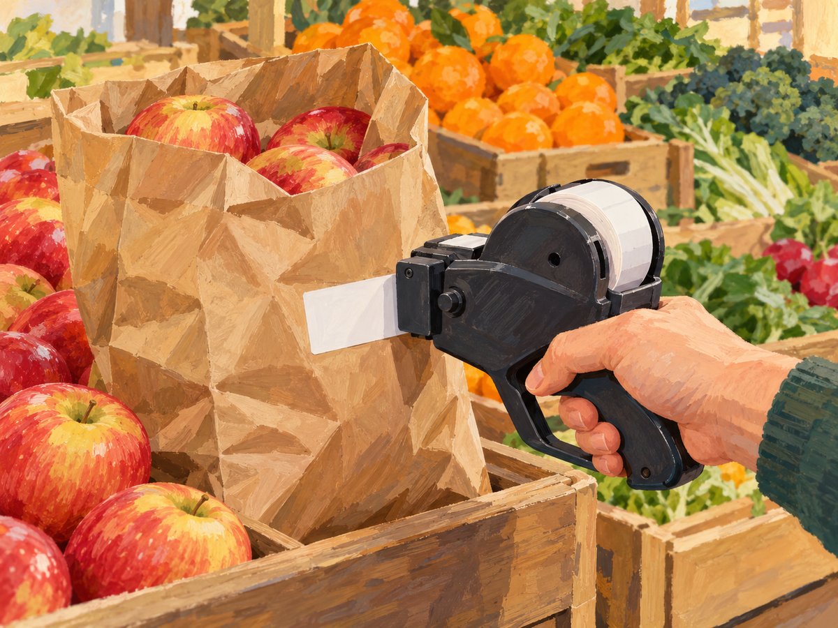 Illustrazione a gouache di una mano che applica un'etichetta bianca con un applicatore manuale su un sacchetto di mele al banco dell'ortofrutta