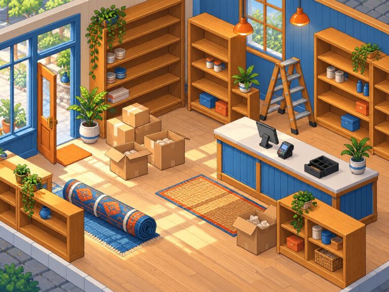 Illustrazione in pixel art isometrica di un negozio in allestimento con scaffali, scatoloni e banco cassa