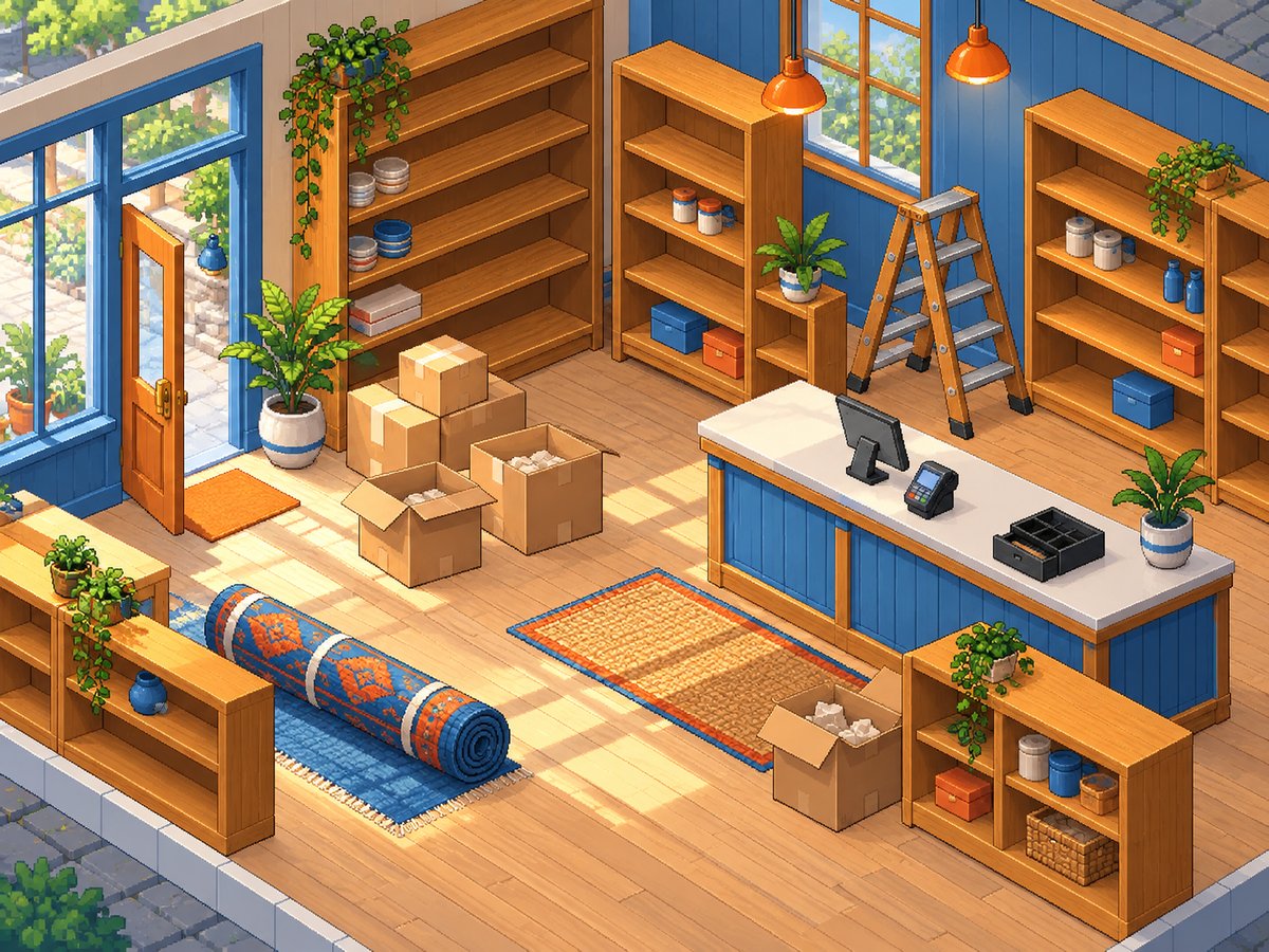 Illustrazione in pixel art isometrica di un negozio in allestimento con scaffali, scatoloni e banco cassa