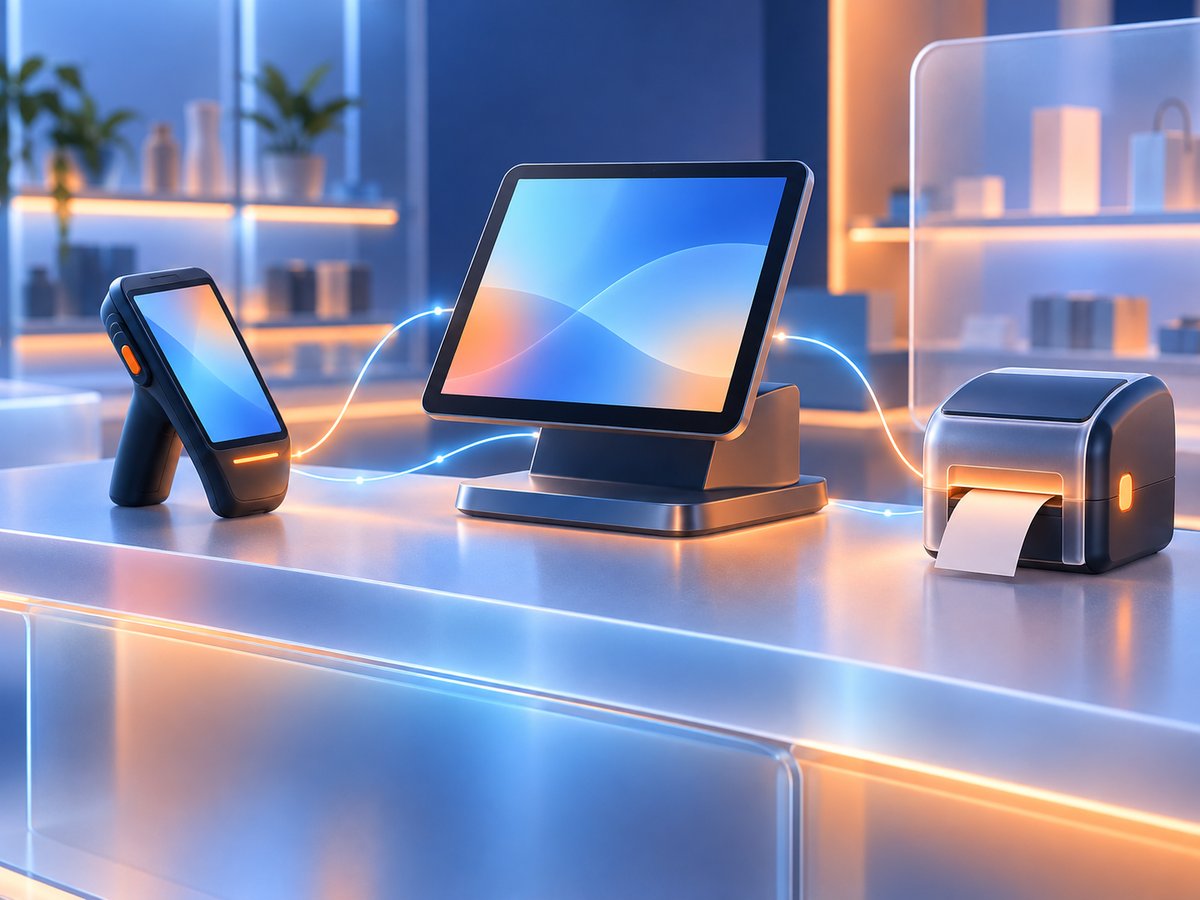 Render 3D di un banco negozio con tablet cassa, terminale portatile e stampante di etichette collegati da linee luminose