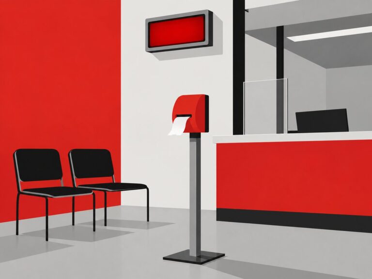 Illustrazione grafica di una sala d'attesa con distributore di biglietti eliminacode, display a muro e banco