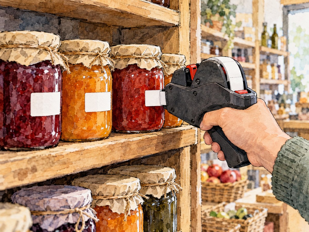 Illustrazione ad acquerello di una mano che applica etichette bianche con una prezzatrice manuale su vasetti di marmellata