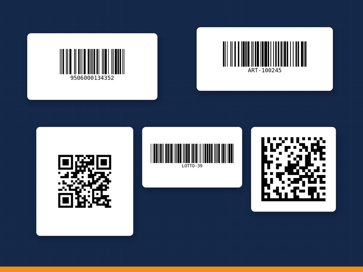Etichette bianche con cinque codici a barre di esempio: EAN-13, Code 128, Code 39, QR Code e Data Matrix