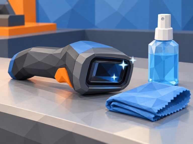 Illustrazione low poly di un lettore di codici a barre con la finestra di lettura pulita, un panno in microfibra e uno spray detergente