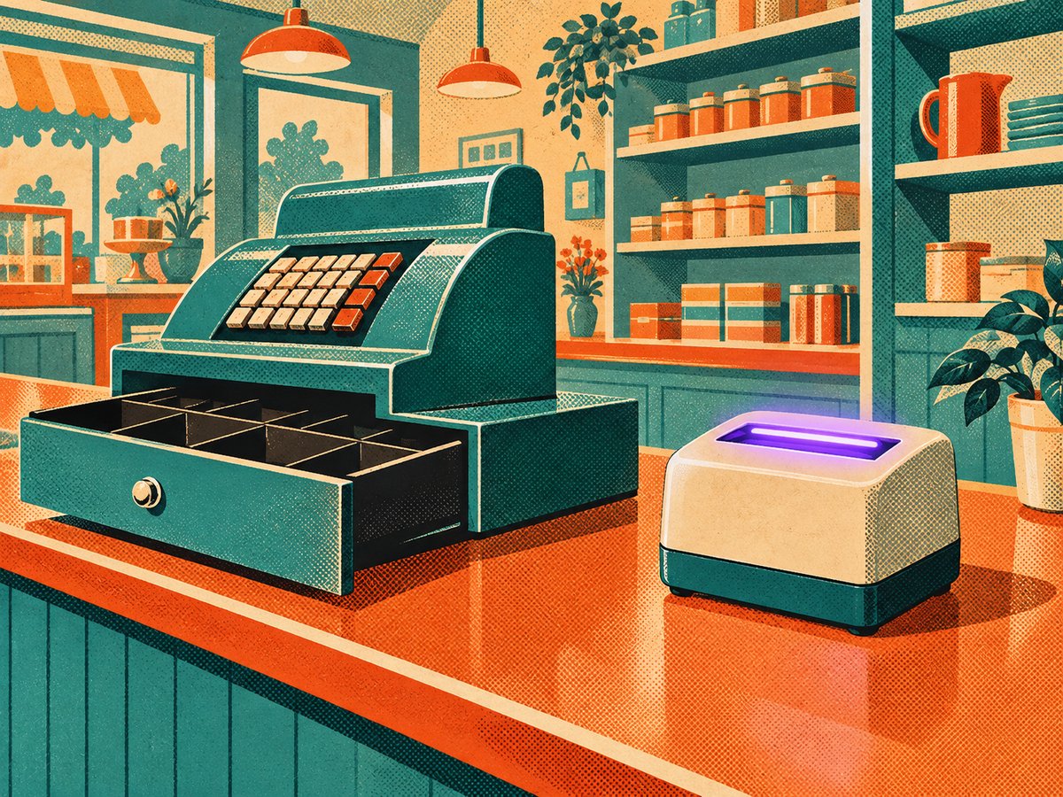 Illustrazione in stile retrò anni Cinquanta di un banco cassa con cassetto aperto e un piccolo verificatore con luce ultravioletta
