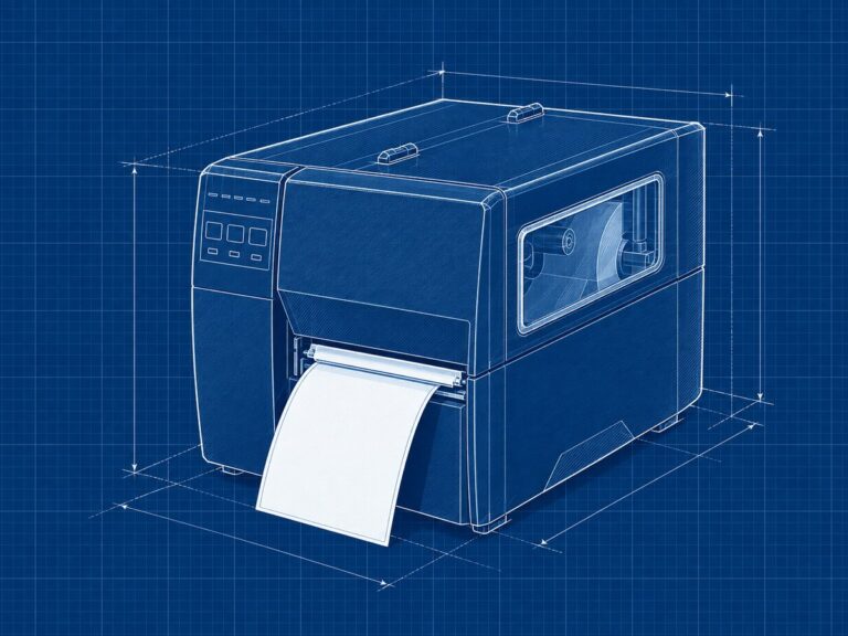 Disegno tecnico in stile blueprint di una stampante di etichette industriale Zebra ZT111 chiusa con un'etichetta bianca in uscita