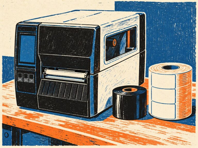 Illustrazione in linoleografia di una Zebra ZT231 chiusa su un banco da lavoro, con accanto un rotolo di nastro e un rotolo di etichette