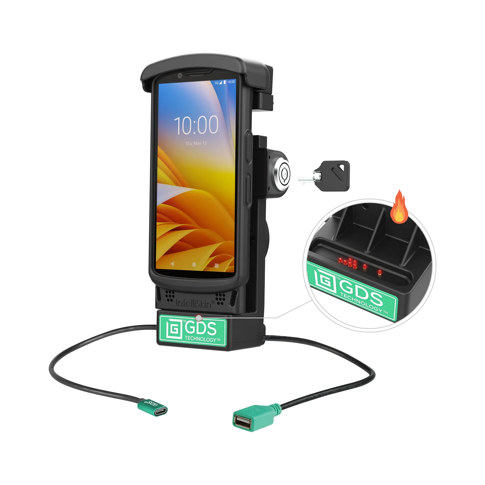 Dock GDS RAM Mounts con ricarica, con uscita USB-A, con serratura a chiave per Zebra TC2x & TC5x (RAM-GDS-DOCKL-V12-ZE2434CPDHU)