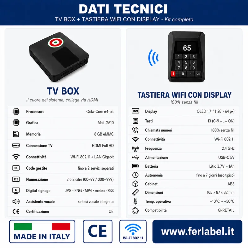 Dati tecnici eliminacode Q-Retail: Tv Box HDMI Full HD e tastiera WiFi con display OLED 1,71"