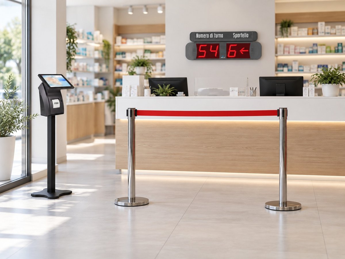 Farmacia con display eliminacode sopra il banco, colonnine a nastro rosso per l'attesa ed erogatore di ticket