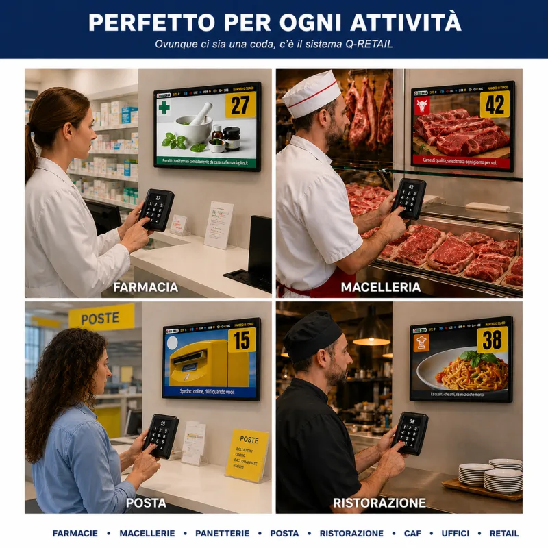 Sistema eliminacode Q-Retail usato in farmacia, macelleria, ufficio postale e ristorante con display turni a parete