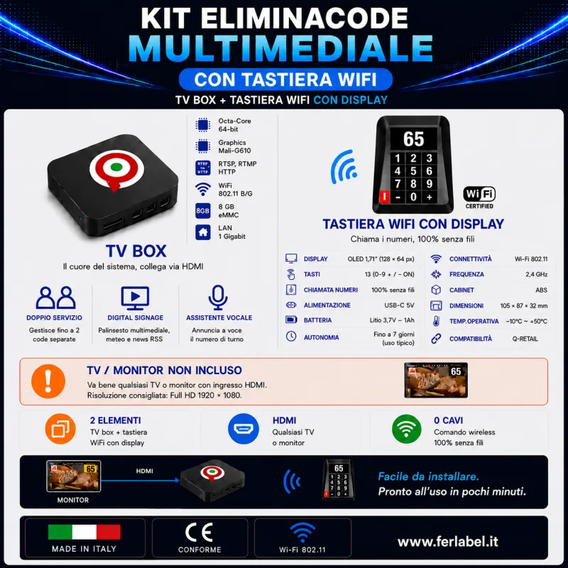 Specifiche del kit eliminacode Q-Retail: Tv Box octa-core e tastiera WiFi con display OLED 1,71"