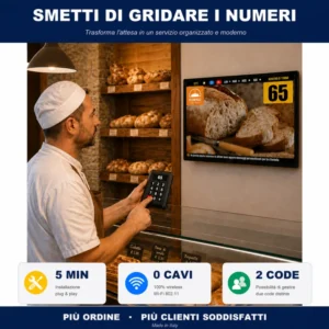 Kit eliminacode Q-Retail in panetteria: tastiera WiFi e monitor display turni che mostra il numero 65