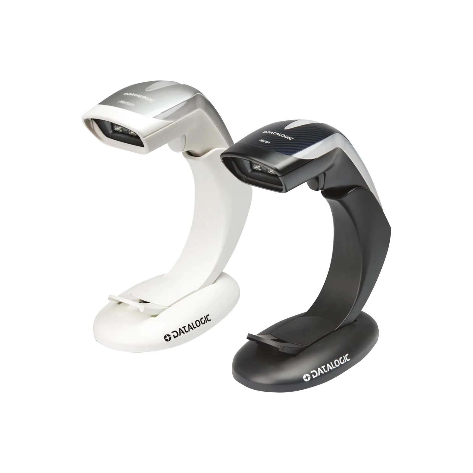 Lettore Datalogic Heron HD3430 - vista tre quarti, bianco e nero, sui supporti autosense