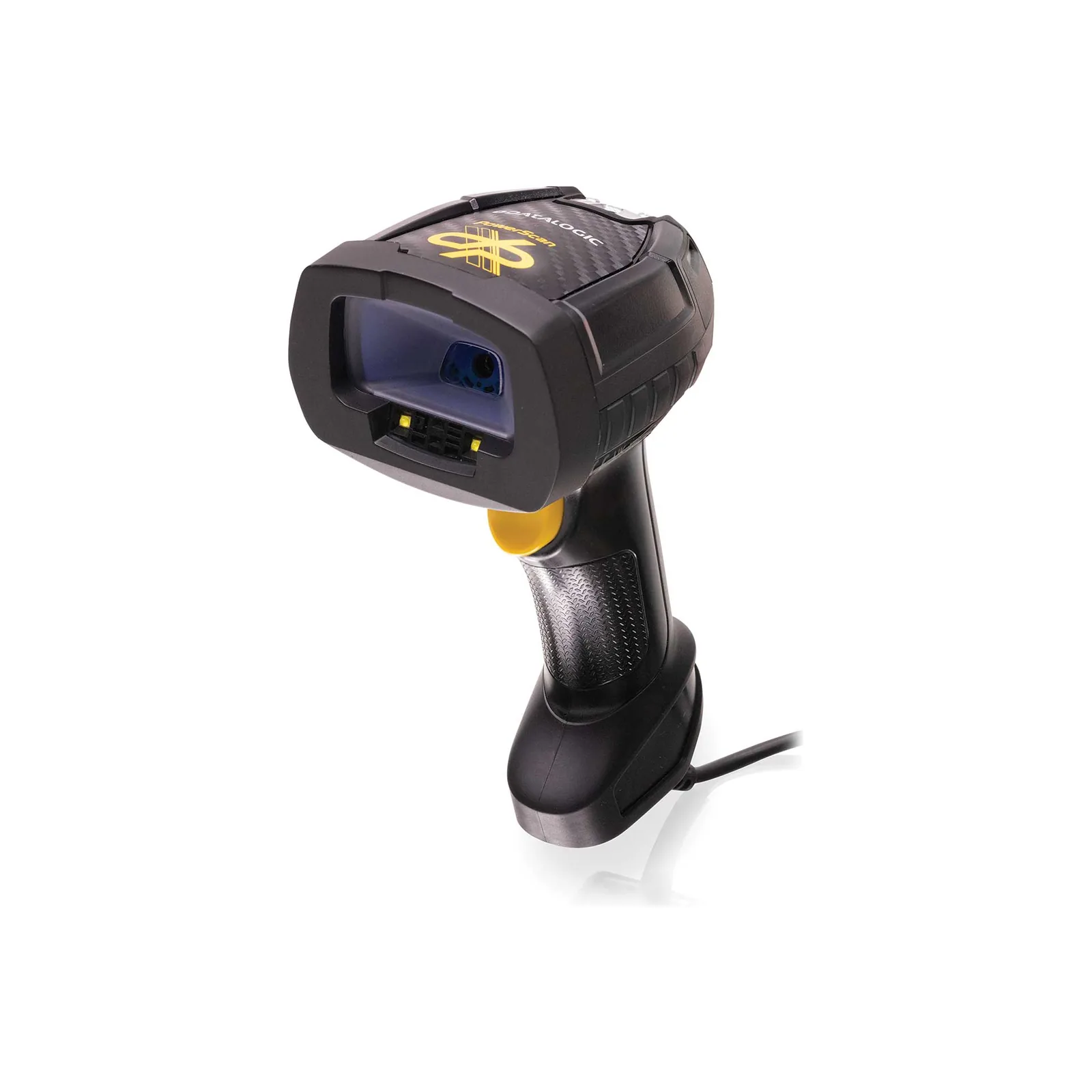 Lettore Datalogic PowerScan PD9630 DPX - vista tre quarti da sinistra, in piedi, con il cavo