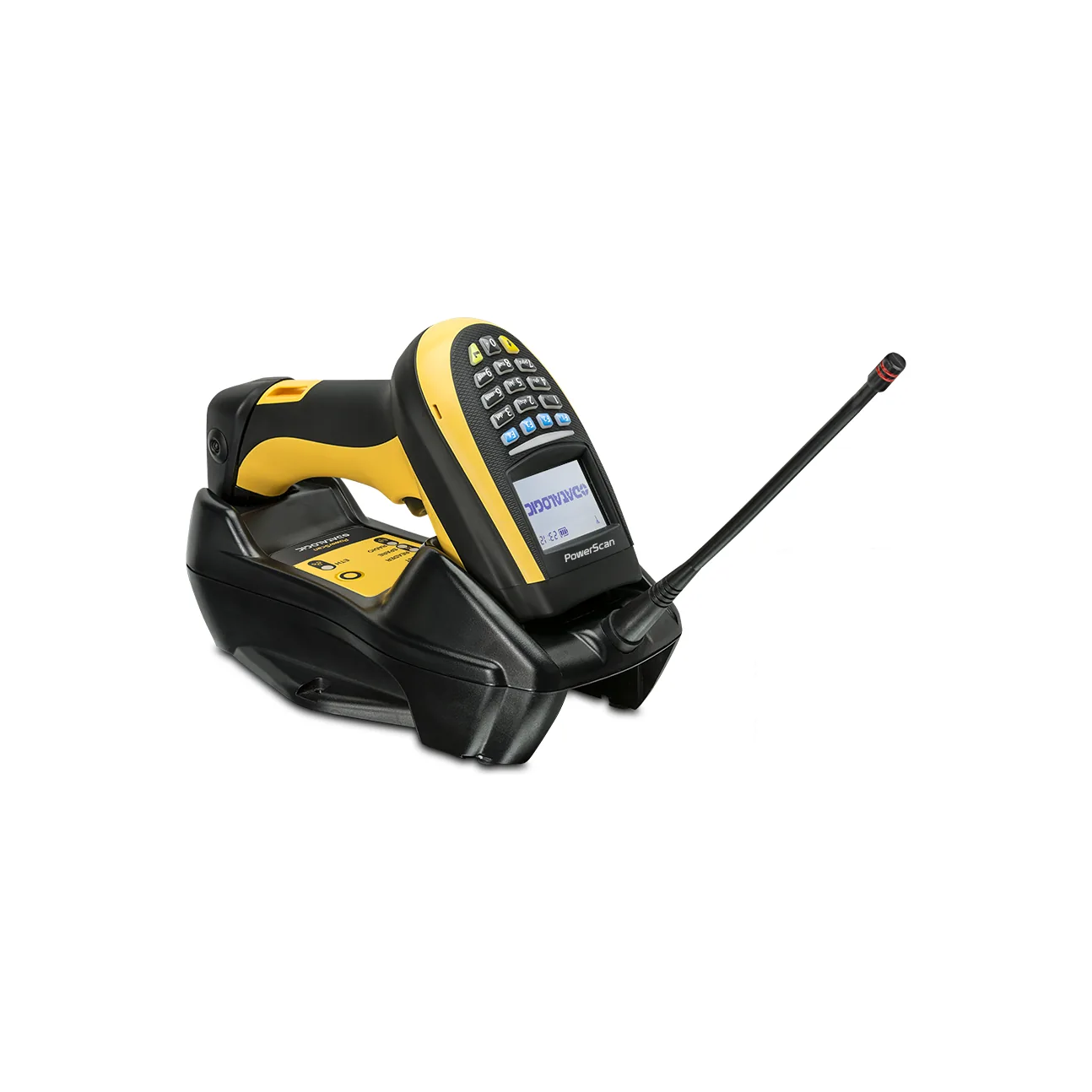 Lettore Datalogic PowerScan PM9500 - vista lettore appoggiato nella base di ricarica, versione con display e tastiera 16 tasti, antenna della base in vista